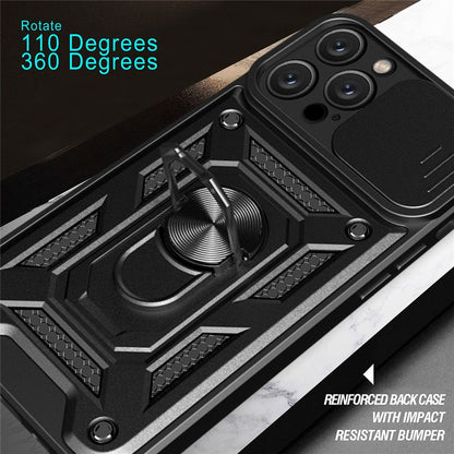 For iPhone 14 Pro Max 6.7 inch Anti-fingerprint Phone Shell Slide Camera Protection PC + TPU Ring Kickstand Anti-scratch Phone Cover Case