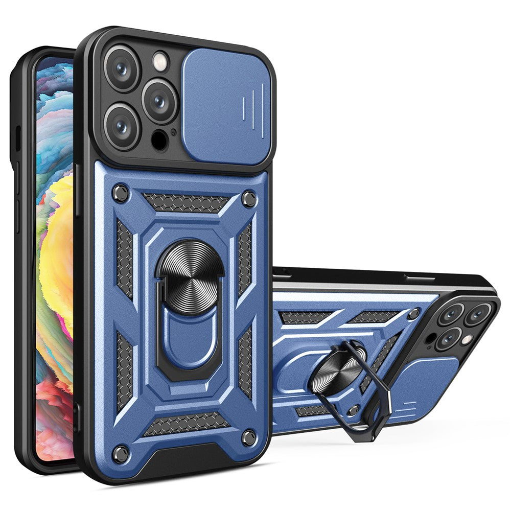 For iPhone 14 Pro Max 6.7 inch Anti-fingerprint Phone Shell Slide Camera Protection PC + TPU Ring Kickstand Anti-scratch Phone Cover Case