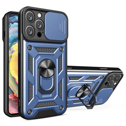 For iPhone 14 Pro Max 6.7 inch Anti-fingerprint Phone Shell Slide Camera Protection PC + TPU Ring Kickstand Anti-scratch Phone Cover Case
