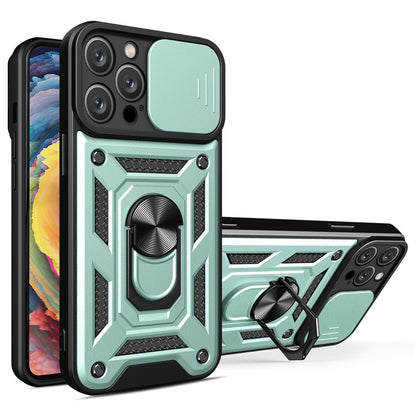 For iPhone 14 Pro Max 6.7 inch Anti-fingerprint Phone Shell Slide Camera Protection PC + TPU Ring Kickstand Anti-scratch Phone Cover Case