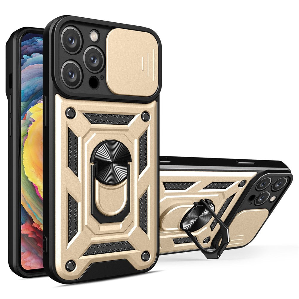 For iPhone 14 Pro Max 6.7 inch Anti-fingerprint Phone Shell Slide Camera Protection PC + TPU Ring Kickstand Anti-scratch Phone Cover Case