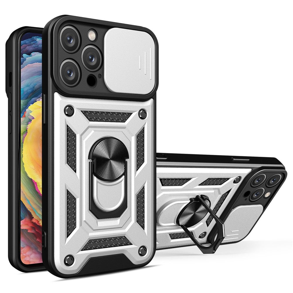 For iPhone 14 Pro Max 6.7 inch Anti-fingerprint Phone Shell Slide Camera Protection PC + TPU Ring Kickstand Anti-scratch Phone Cover Case