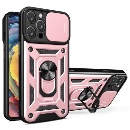 For iPhone 14 Pro Max 6.7 inch Anti-fingerprint Phone Shell Slide Camera Protection PC + TPU Ring Kickstand Anti-scratch Phone Cover Case