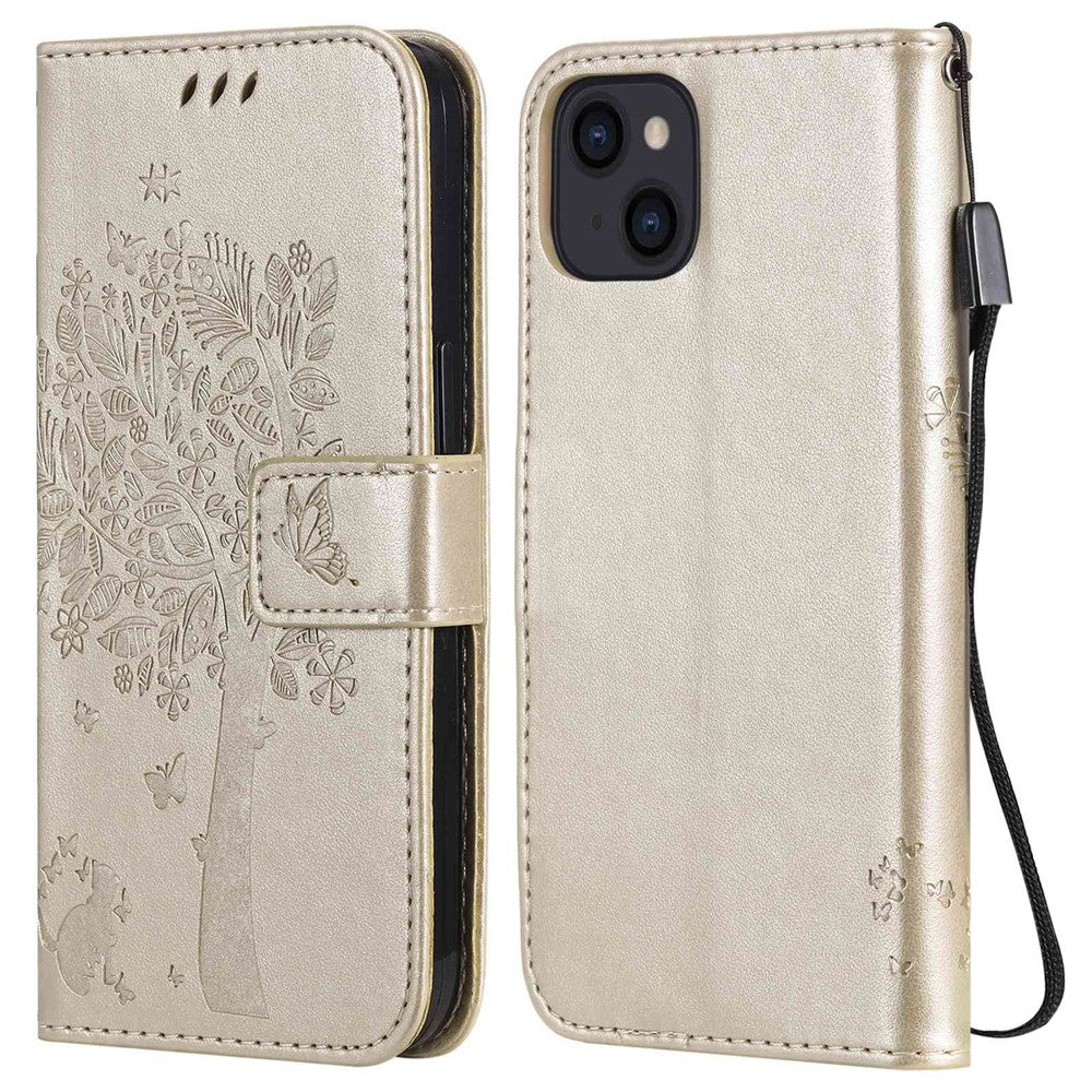 For iPhone 14 Phone Case with Stand Cat Tree Pattern Leather Wallet Mobile Cover
