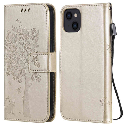 For iPhone 14 Phone Case with Stand Cat Tree Pattern Leather Wallet Mobile Cover