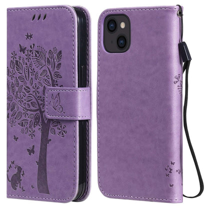 For iPhone 14 Phone Case with Stand Cat Tree Pattern Leather Wallet Mobile Cover
