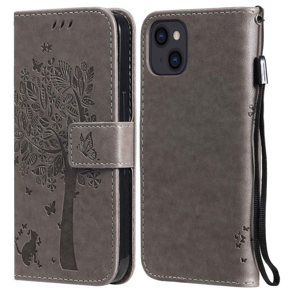 For iPhone 14 Phone Case with Stand Cat Tree Pattern Leather Wallet Mobile Cover