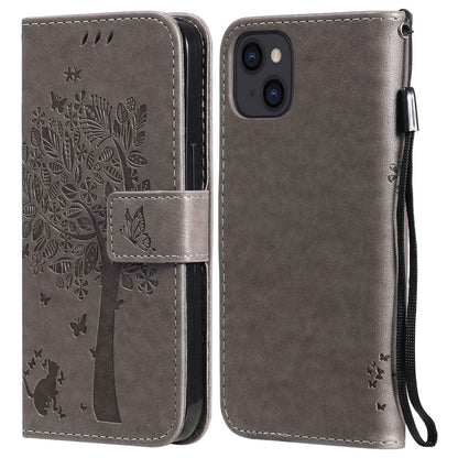 For iPhone 14 Phone Case with Stand Cat Tree Pattern Leather Wallet Mobile Cover