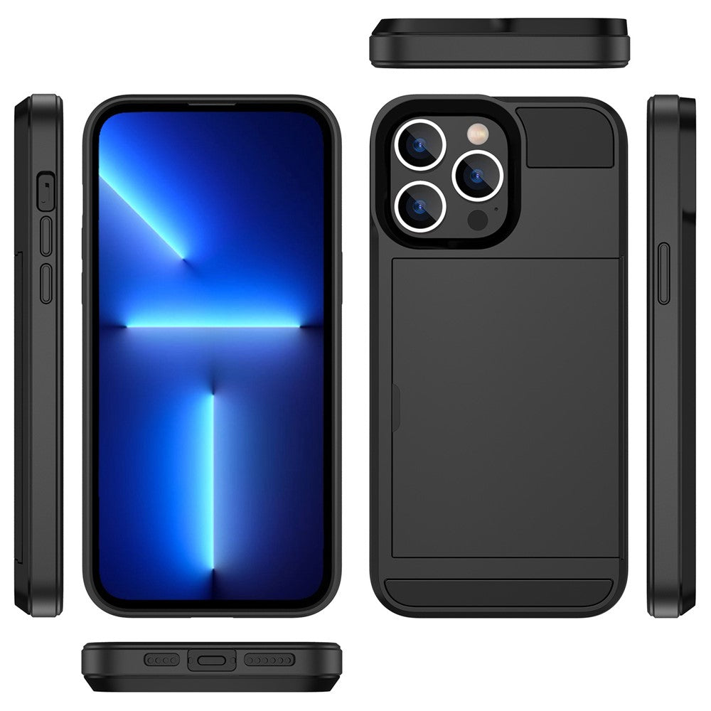 For iPhone 14 Pro Max 6.7 inch Anti-drop Phone Case with Sliding Cover Design Card Holder PC + TPU Hybrid Phone Shell