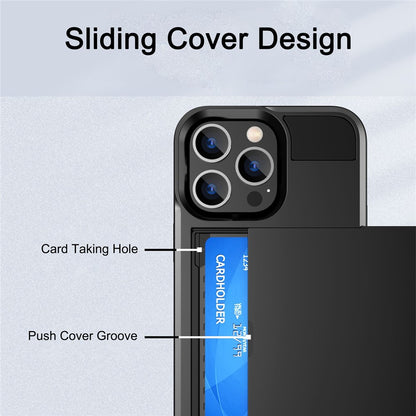 For iPhone 14 Pro Max 6.7 inch Anti-drop Phone Case with Sliding Cover Design Card Holder PC + TPU Hybrid Phone Shell