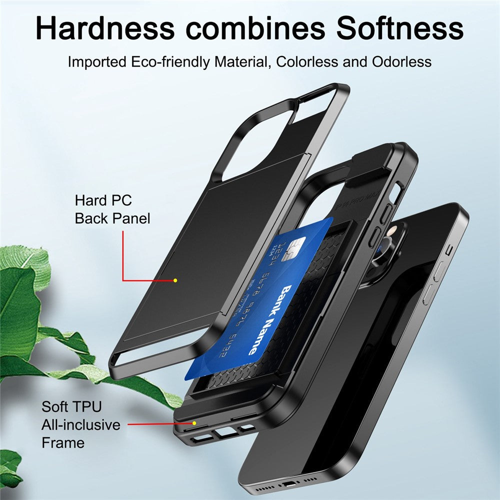 For iPhone 14 Pro Max 6.7 inch Anti-drop Phone Case with Sliding Cover Design Card Holder PC + TPU Hybrid Phone Shell
