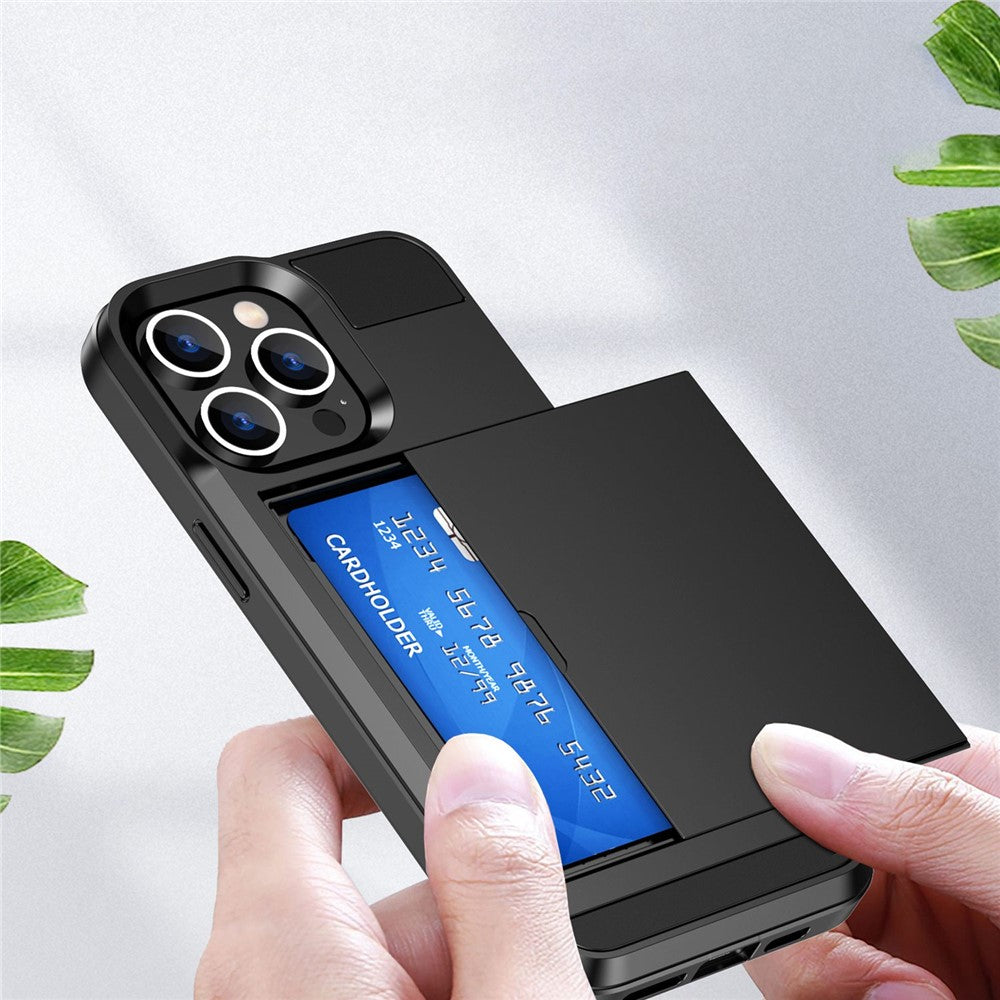 For iPhone 14 Pro Max 6.7 inch Anti-drop Phone Case with Sliding Cover Design Card Holder PC + TPU Hybrid Phone Shell