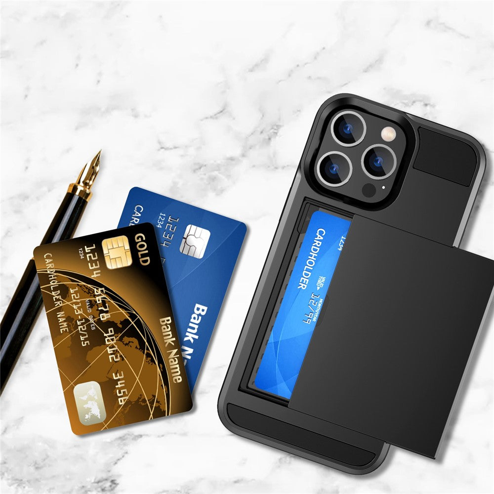 For iPhone 14 Pro Max 6.7 inch Anti-drop Phone Case with Sliding Cover Design Card Holder PC + TPU Hybrid Phone Shell