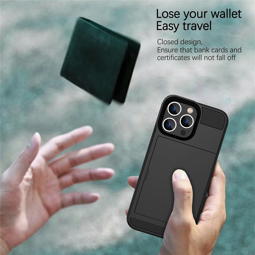 For iPhone 14 Pro Max 6.7 inch Anti-drop Phone Case with Sliding Cover Design Card Holder PC + TPU Hybrid Phone Shell