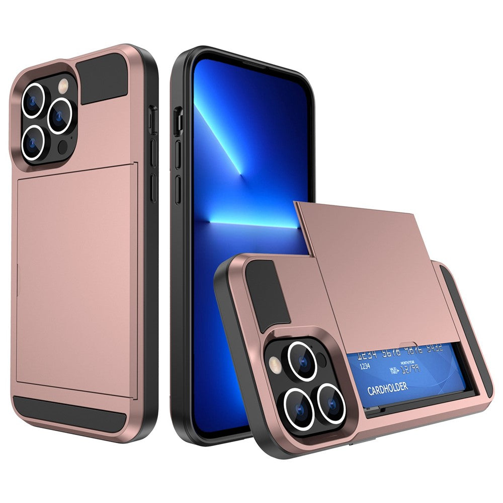 For iPhone 14 Pro Max 6.7 inch Anti-drop Phone Case with Sliding Cover Design Card Holder PC + TPU Hybrid Phone Shell