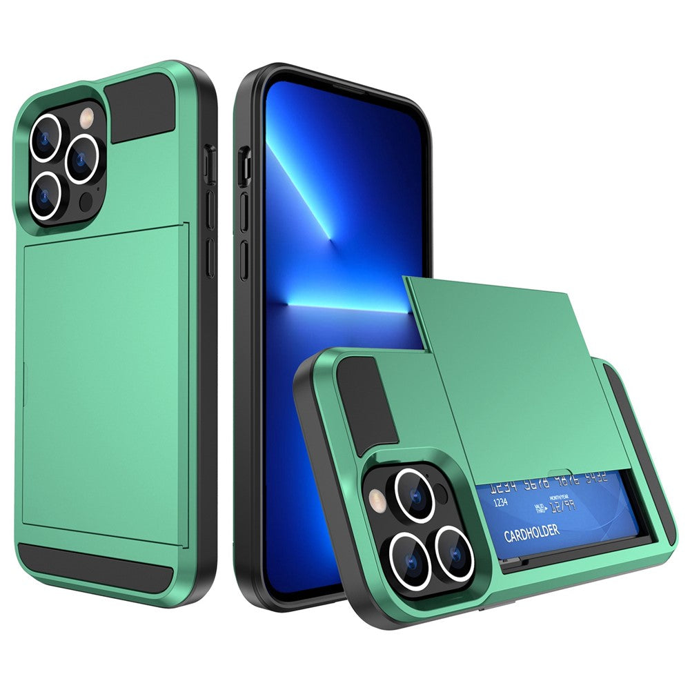 For iPhone 14 Pro Max 6.7 inch Anti-drop Phone Case with Sliding Cover Design Card Holder PC + TPU Hybrid Phone Shell