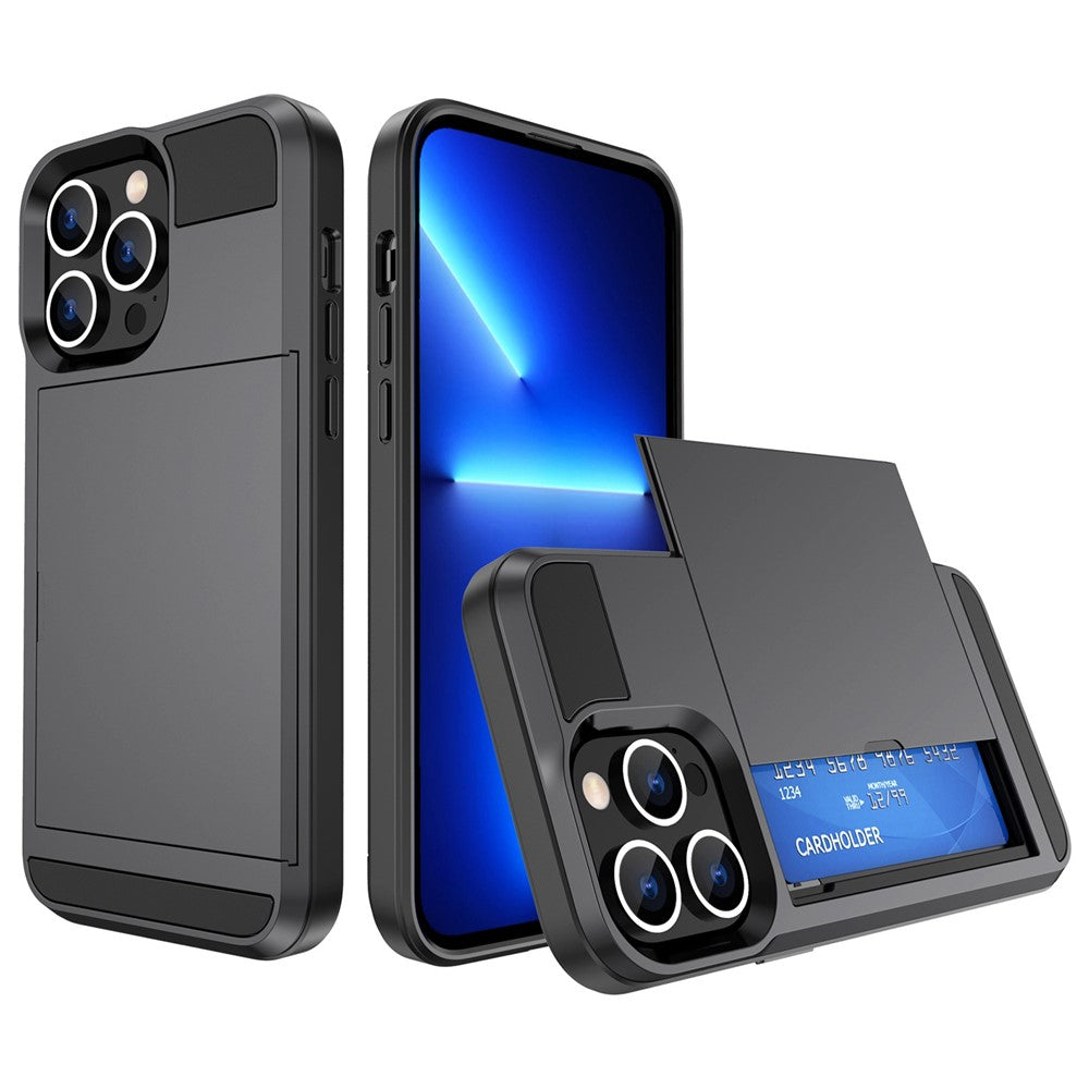 For iPhone 14 Plus 6.7 inch Drop-proof Phone Case PC + TPU Scratch-resistant Mobile Phone Cover with Sliding Card Slot