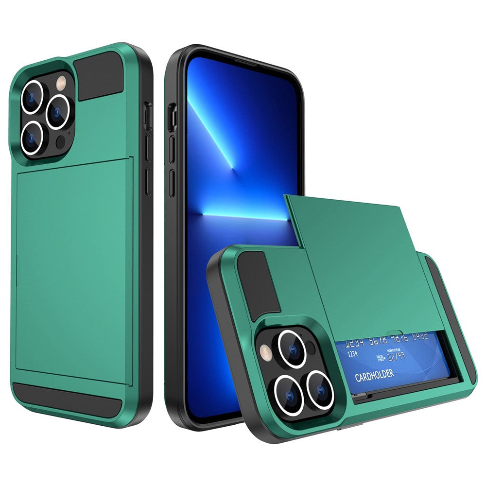 For iPhone 14 Plus 6.7 inch Drop-proof Phone Case PC + TPU Scratch-resistant Mobile Phone Cover with Sliding Card Slot