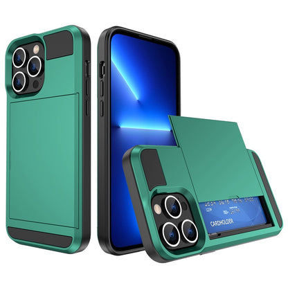For iPhone 14 Plus 6.7 inch Drop-proof Phone Case PC + TPU Scratch-resistant Mobile Phone Cover with Sliding Card Slot