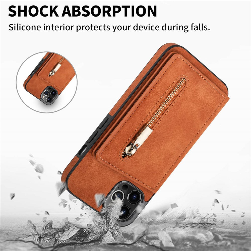 Anti-drop Phone Wallet Case for iPhone 14 Pro Max 6.7 inch, PU Leather Coated TPU Back Cover with Zipper Pocket Card Holder Kickstand