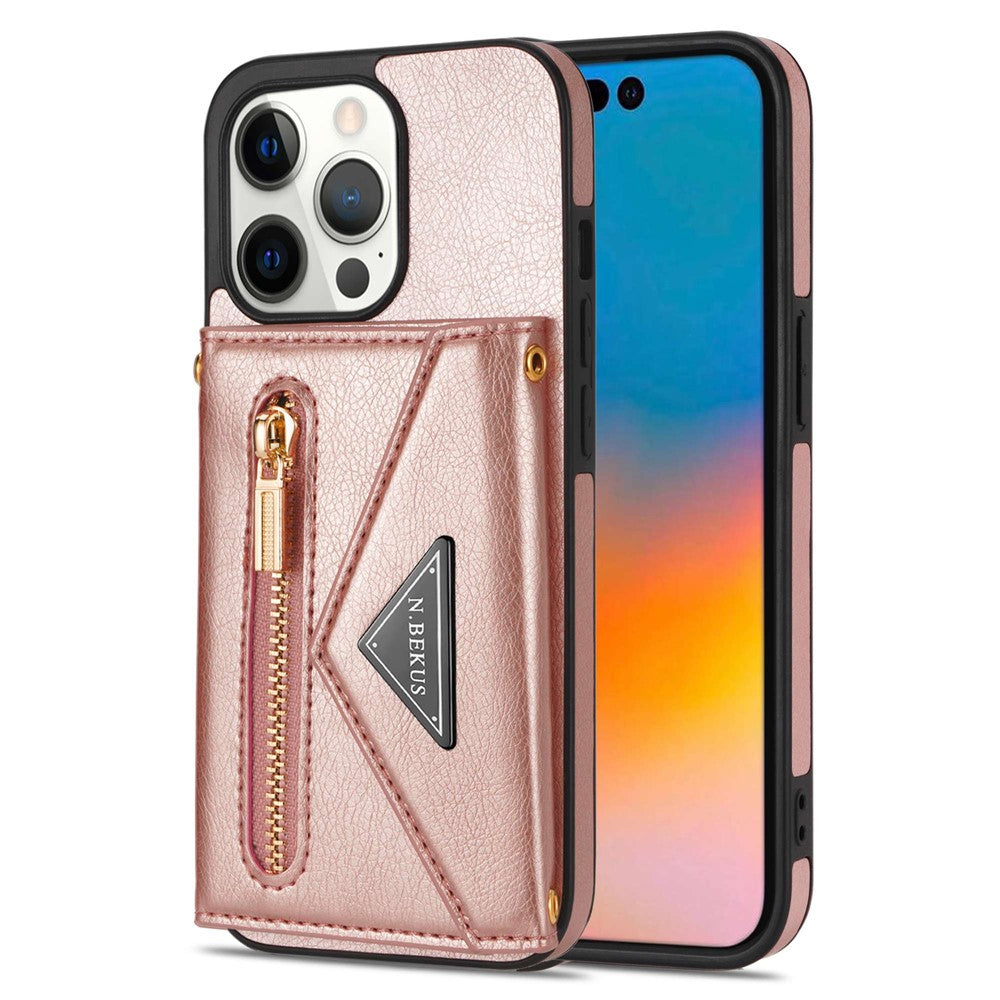 N.BEKUS Phone Wallet Case for iPhone 14 Pro Max 6.7 inch, Anti-fall PU Leather Coated TPU Back Cover Card Holder Scratch-resistant Shell Kickstand with Strap