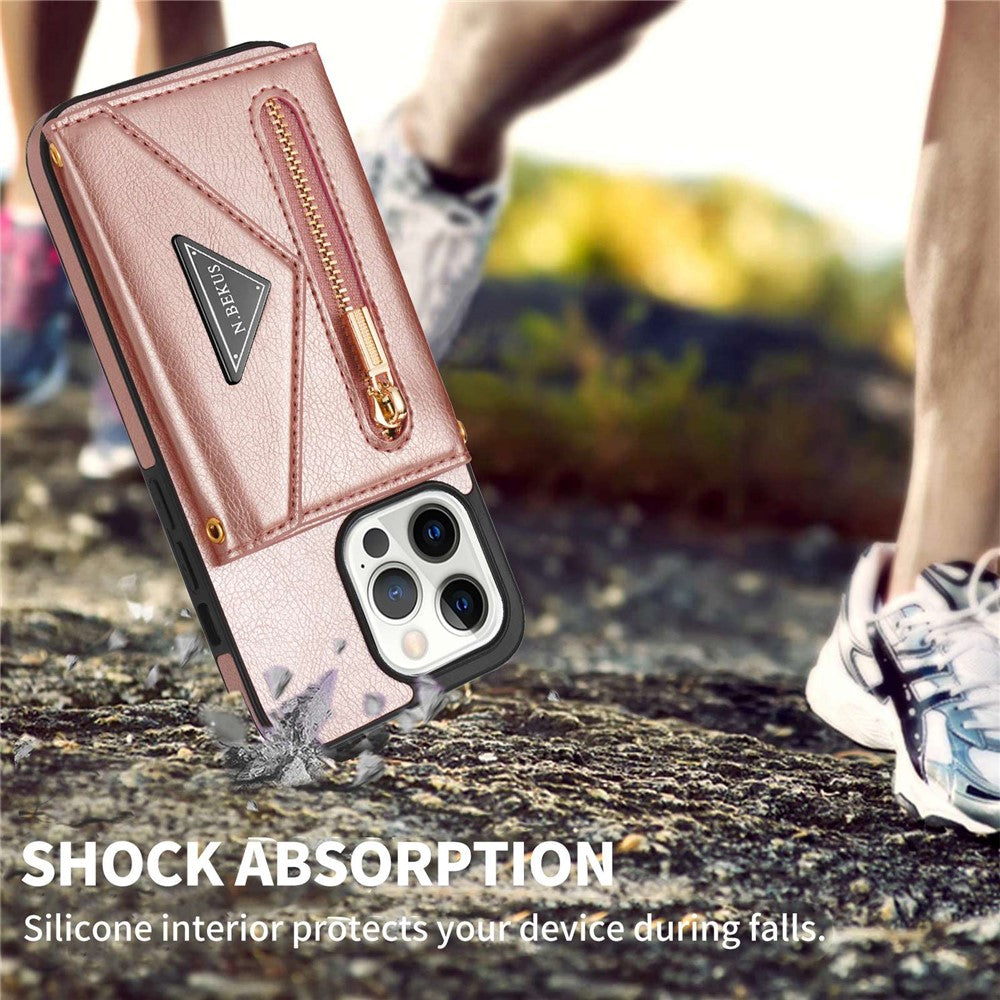 N.BEKUS Phone Wallet Case for iPhone 14 Pro Max 6.7 inch, Anti-fall PU Leather Coated TPU Back Cover Card Holder Scratch-resistant Shell Kickstand with Strap