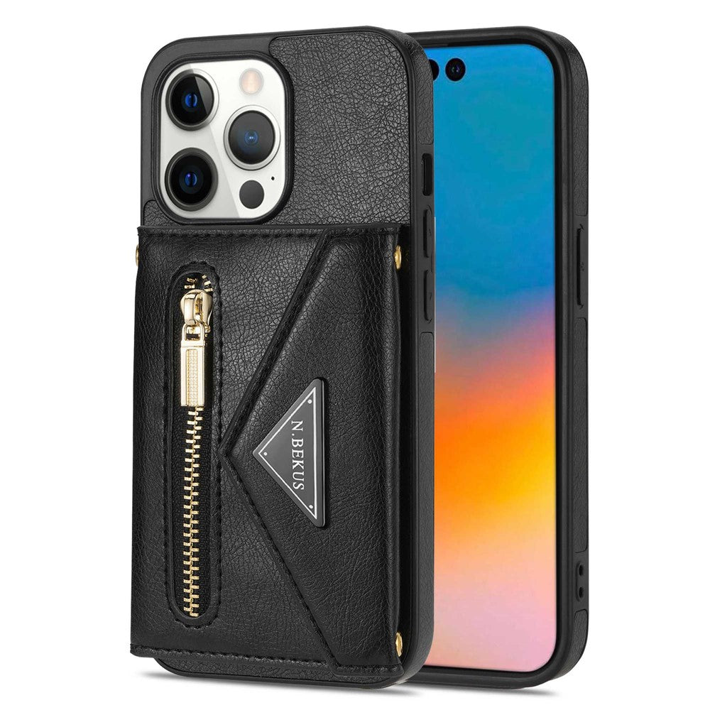 N.BEKUS Phone Wallet Case for iPhone 14 Pro Max 6.7 inch, Anti-fall PU Leather Coated TPU Back Cover Card Holder Scratch-resistant Shell Kickstand with Strap