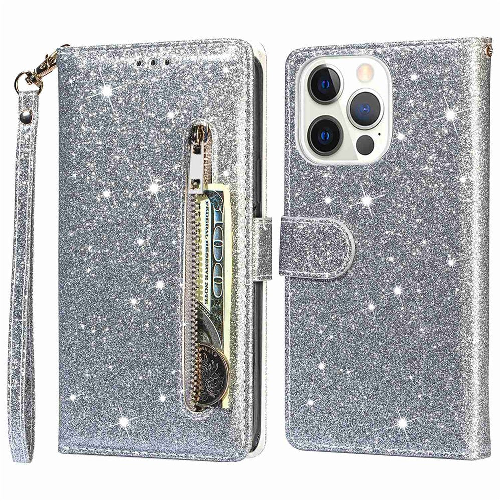 For iPhone 14 Pro Max 6.7 inch Glitter Sequins PU Leather + TPU Full Protection Stand Wallet Case with Zipper Pocket and Hand Strap