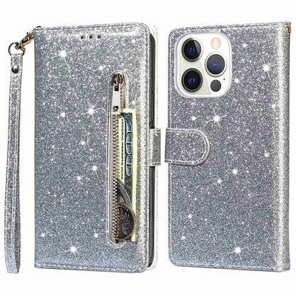 For iPhone 14 Pro Max 6.7 inch Glitter Sequins PU Leather + TPU Full Protection Stand Wallet Case with Zipper Pocket and Hand Strap