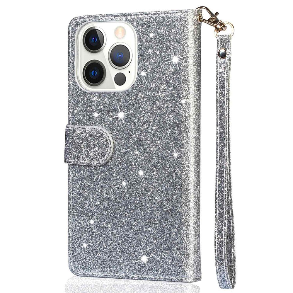 For iPhone 14 Pro Max 6.7 inch Glitter Sequins PU Leather + TPU Full Protection Stand Wallet Case with Zipper Pocket and Hand Strap
