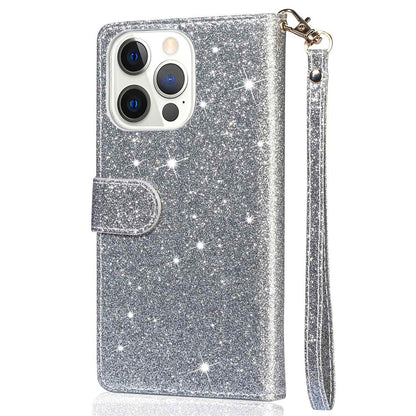 For iPhone 14 Pro Max 6.7 inch Glitter Sequins PU Leather + TPU Full Protection Stand Wallet Case with Zipper Pocket and Hand Strap