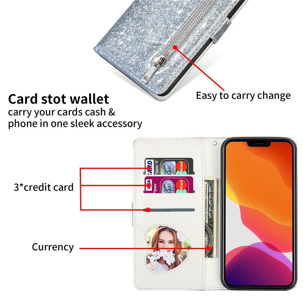 For iPhone 14 Pro Max 6.7 inch Glitter Sequins PU Leather + TPU Full Protection Stand Wallet Case with Zipper Pocket and Hand Strap