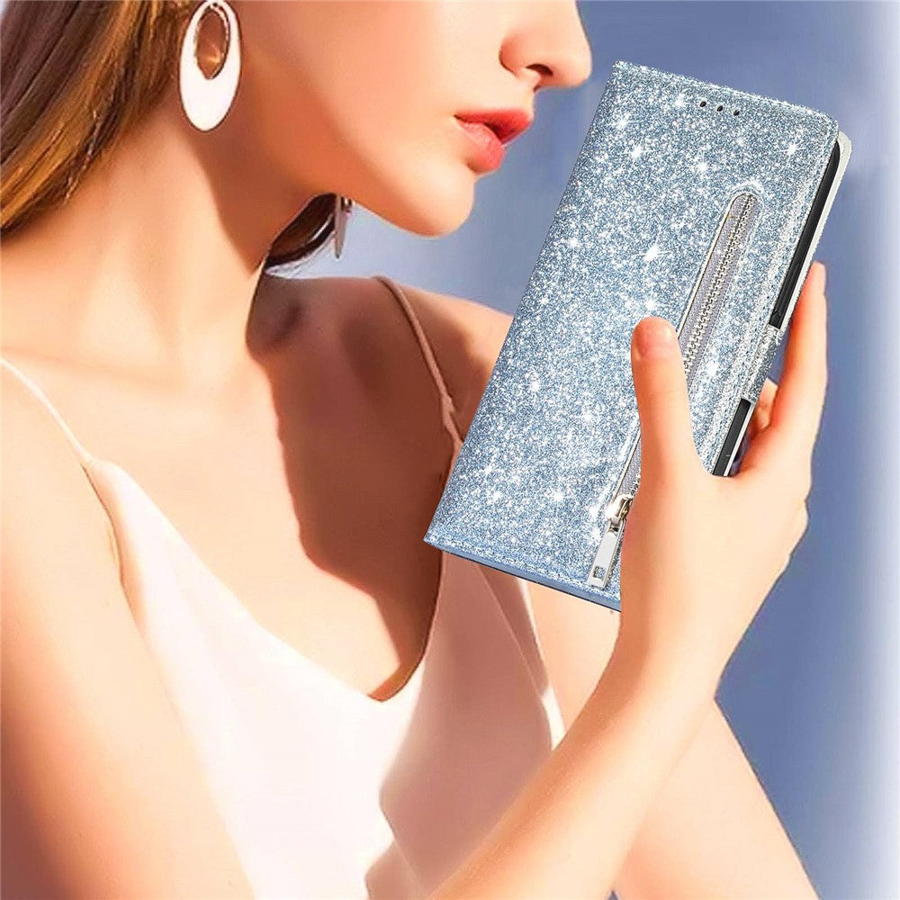 For iPhone 14 Pro Max 6.7 inch Glitter Sequins PU Leather + TPU Full Protection Stand Wallet Case with Zipper Pocket and Hand Strap