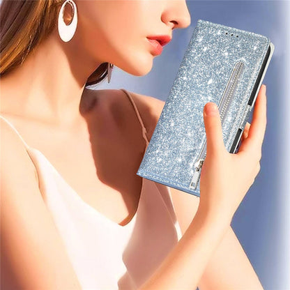 For iPhone 14 Pro Max 6.7 inch Glitter Sequins PU Leather + TPU Full Protection Stand Wallet Case with Zipper Pocket and Hand Strap