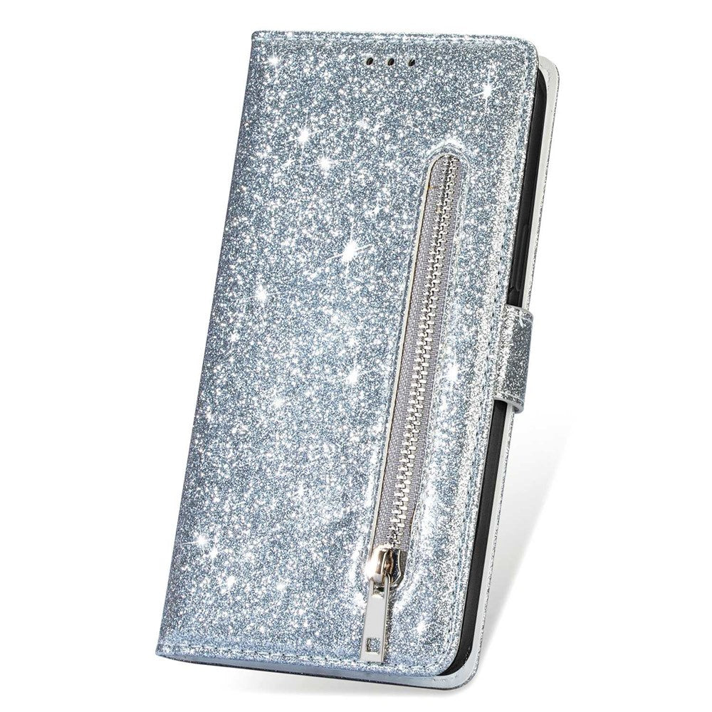For iPhone 14 Pro Max 6.7 inch Glitter Sequins PU Leather + TPU Full Protection Stand Wallet Case with Zipper Pocket and Hand Strap