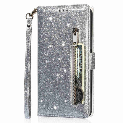 For iPhone 14 Pro Max 6.7 inch Glitter Sequins PU Leather + TPU Full Protection Stand Wallet Case with Zipper Pocket and Hand Strap