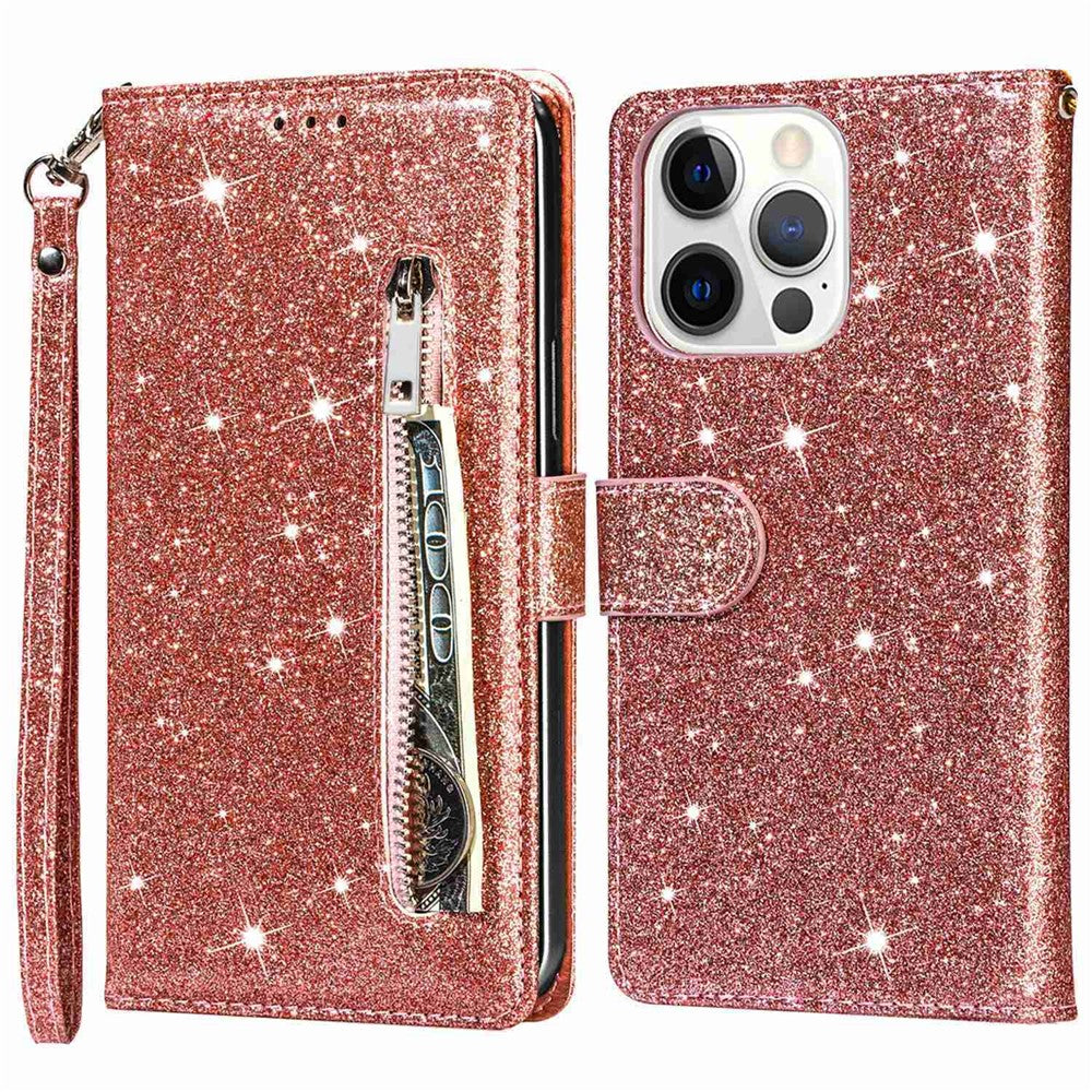 For iPhone 14 Pro Max 6.7 inch Glitter Sequins PU Leather + TPU Full Protection Stand Wallet Case with Zipper Pocket and Hand Strap