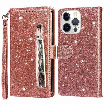 For iPhone 14 Pro Max 6.7 inch Glitter Sequins PU Leather + TPU Full Protection Stand Wallet Case with Zipper Pocket and Hand Strap
