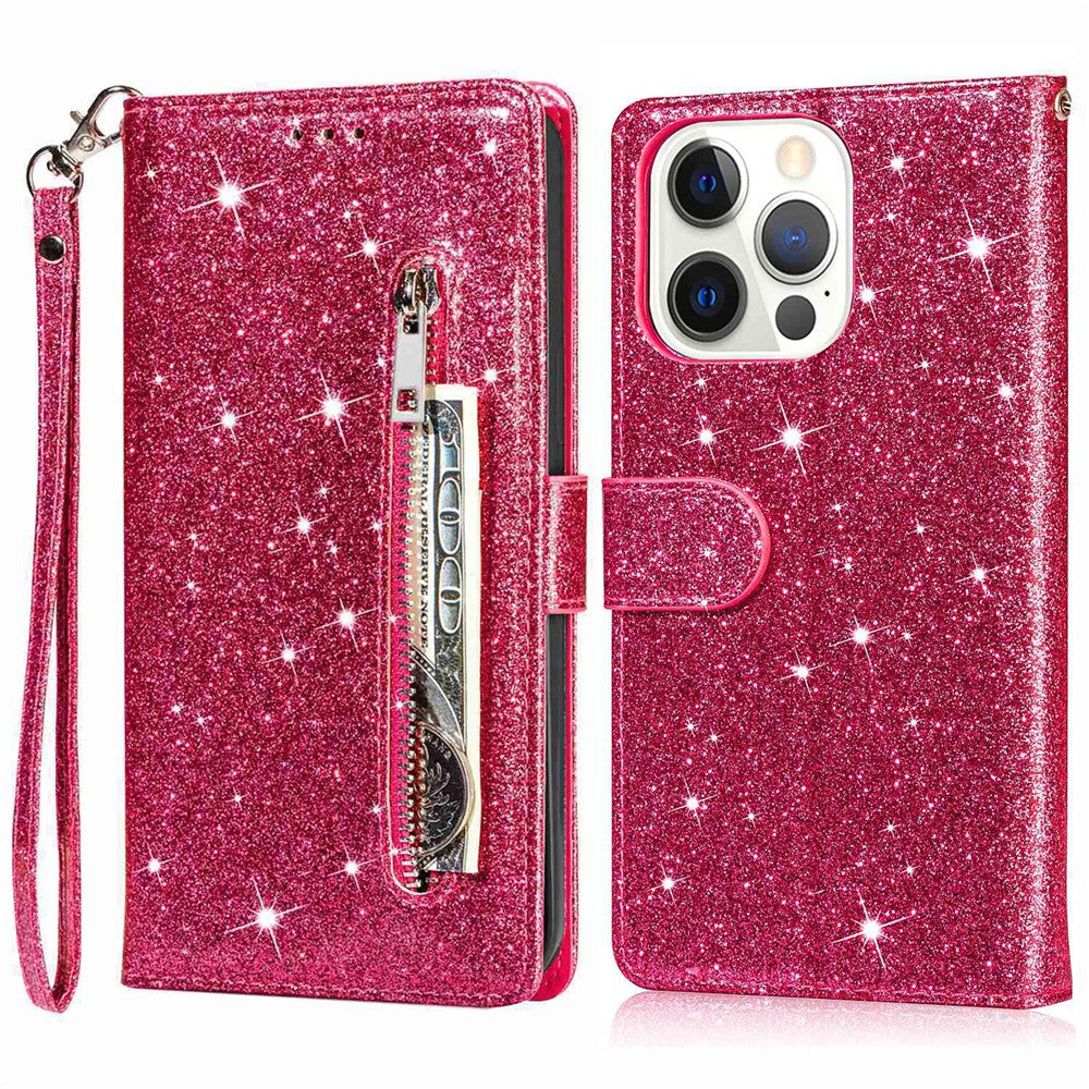 For iPhone 14 Pro Max 6.7 inch Glitter Sequins PU Leather + TPU Full Protection Stand Wallet Case with Zipper Pocket and Hand Strap