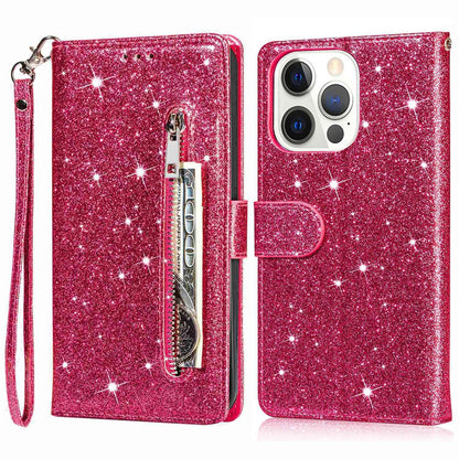 For iPhone 14 Pro Max 6.7 inch Glitter Sequins PU Leather + TPU Full Protection Stand Wallet Case with Zipper Pocket and Hand Strap