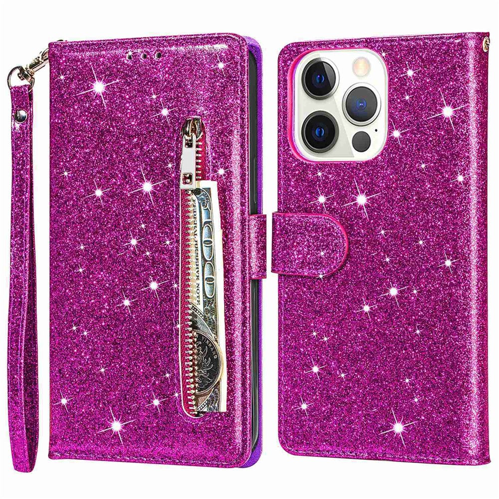 For iPhone 14 Pro Max 6.7 inch Glitter Sequins PU Leather + TPU Full Protection Stand Wallet Case with Zipper Pocket and Hand Strap