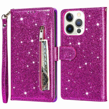 For iPhone 14 Pro Max 6.7 inch Glitter Sequins PU Leather + TPU Full Protection Stand Wallet Case with Zipper Pocket and Hand Strap