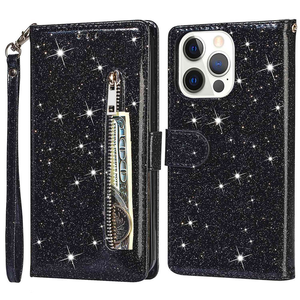 For iPhone 14 Pro Max 6.7 inch Glitter Sequins PU Leather + TPU Full Protection Stand Wallet Case with Zipper Pocket and Hand Strap