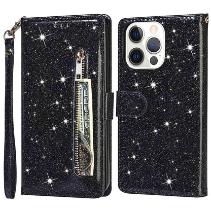 For iPhone 14 Pro Max 6.7 inch Glitter Sequins PU Leather + TPU Full Protection Stand Wallet Case with Zipper Pocket and Hand Strap