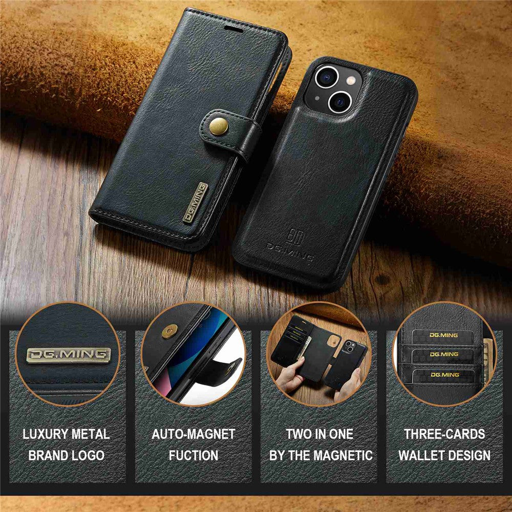 DG.MING For iPhone 14 Plus 6.7 inch Split Leather Magnetic Detachable Flip Case Stand Feature Purse Protection Wallet Cover
