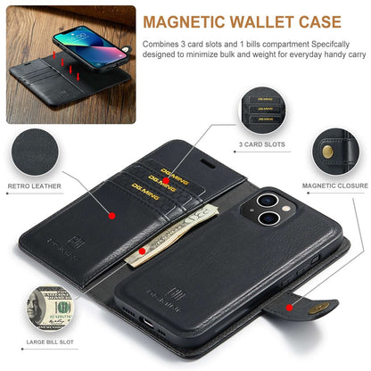 DG.MING For iPhone 14 Plus 6.7 inch Split Leather Magnetic Detachable Flip Case Stand Feature Purse Protection Wallet Cover