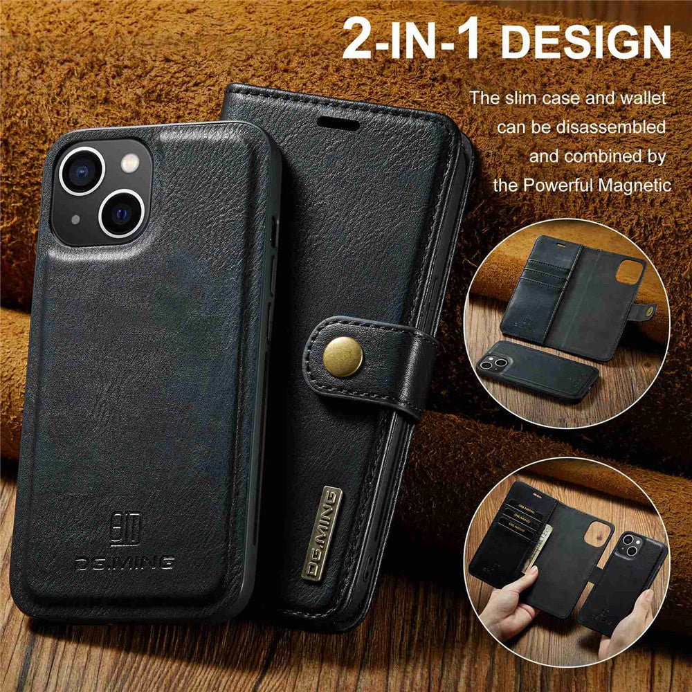 DG.MING For iPhone 14 Plus 6.7 inch Split Leather Magnetic Detachable Flip Case Stand Feature Purse Protection Wallet Cover