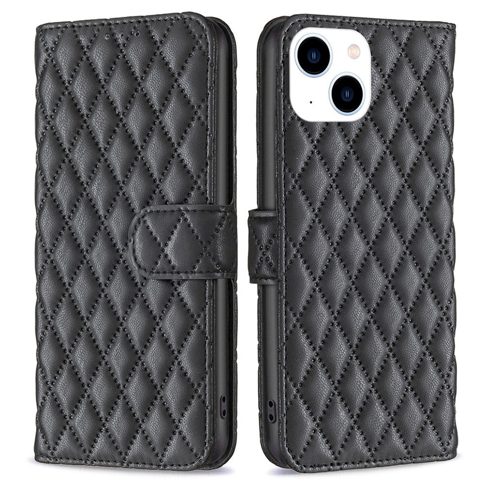BINFEN COLOR For iPhone 14 6.1 inch BF Style-14 Matte PU Leather Imprinted Rhombus Pattern Case Stand Wallet Cover