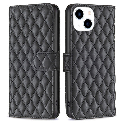 BINFEN COLOR For iPhone 14 6.1 inch BF Style-14 Matte PU Leather Imprinted Rhombus Pattern Case Stand Wallet Cover