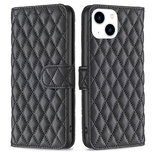 BINFEN COLOR For iPhone 14 6.1 inch BF Style-14 Matte PU Leather Imprinted Rhombus Pattern Case Stand Wallet Cover